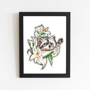 Raccoon Art Print with White Flowers, Cute Office Art Gift, Colorful Watercolor